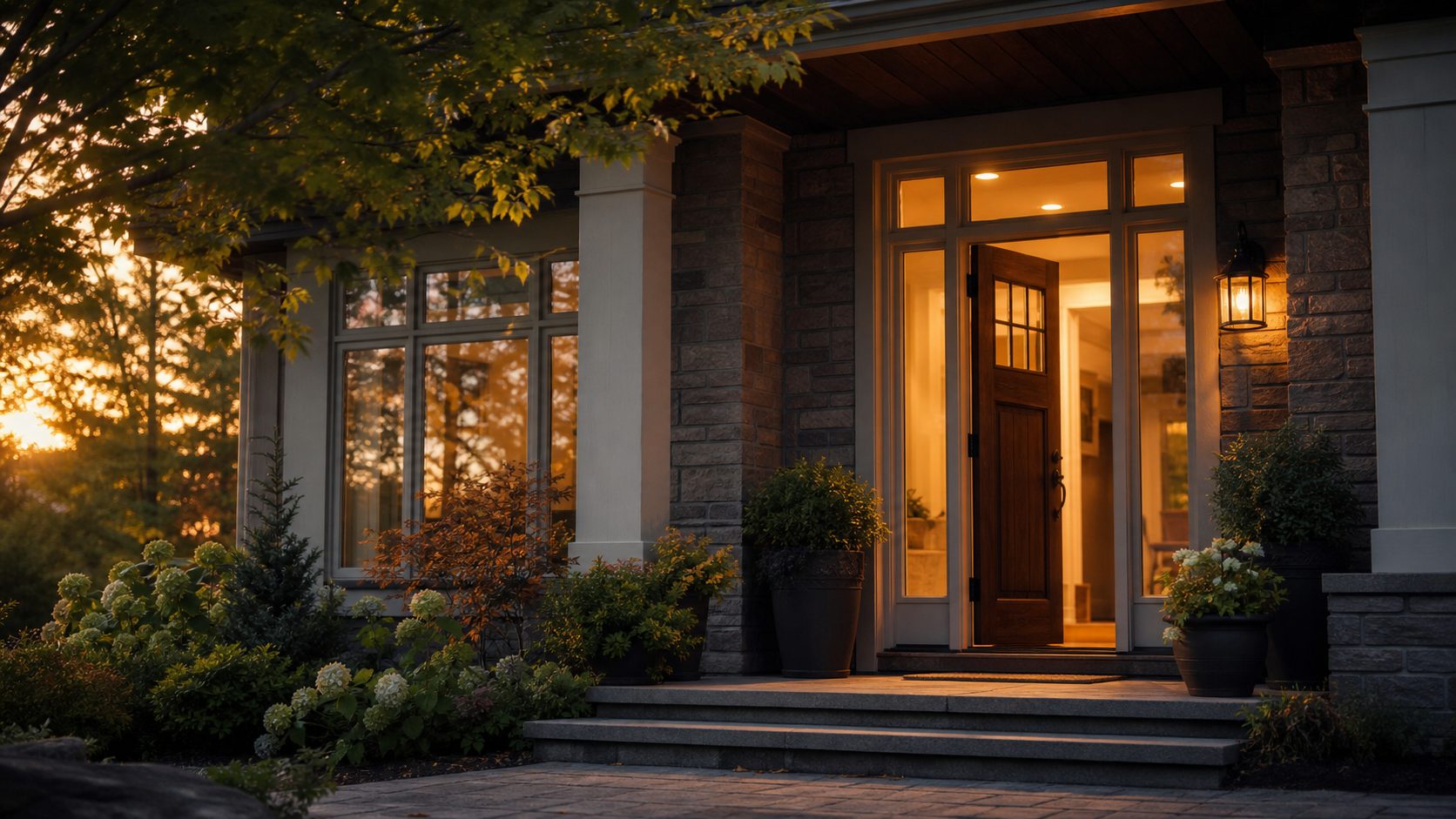 Warm, welcoming front doorway of a family home at golden hour